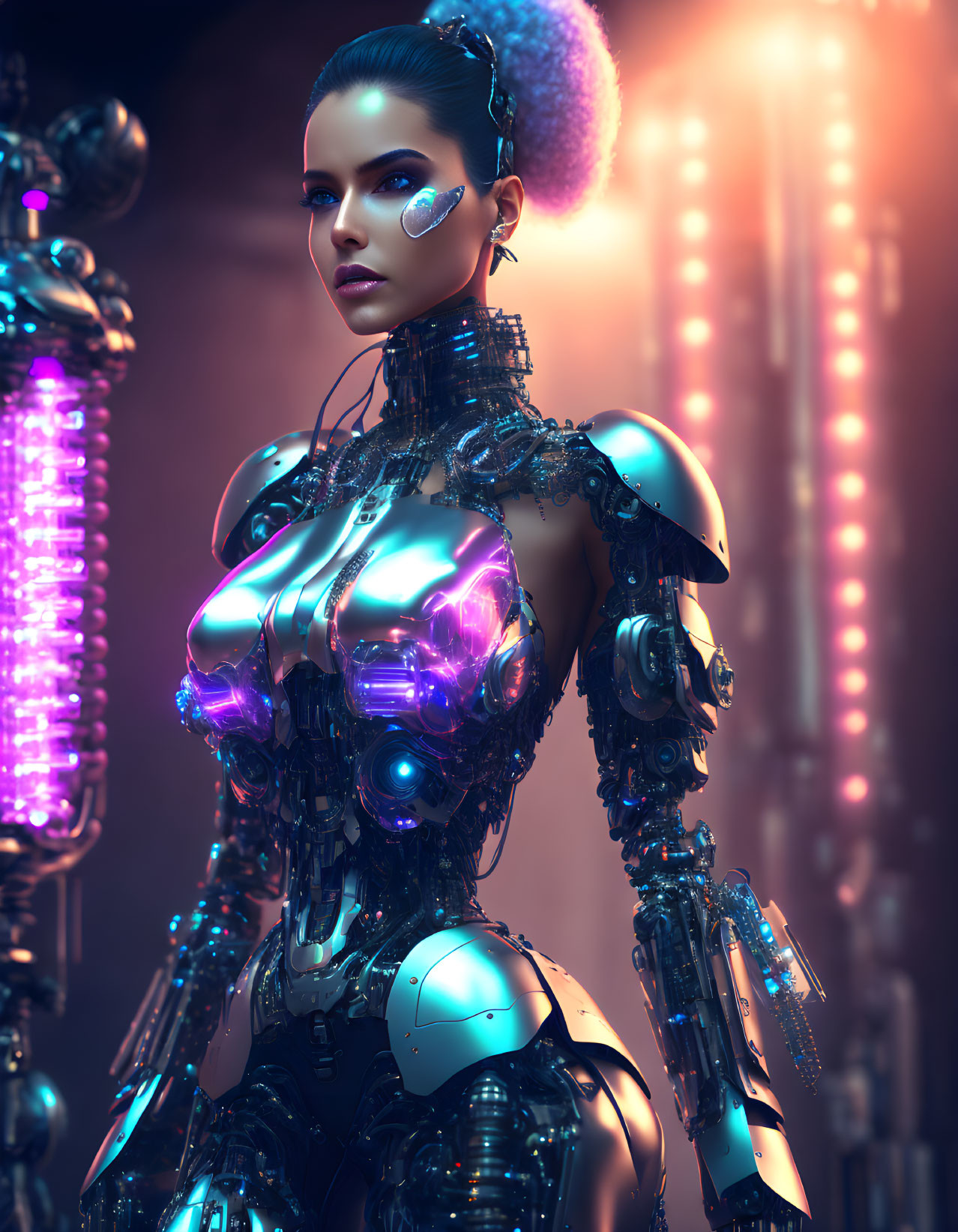 Futuristic female android in metallic armor with purple accents