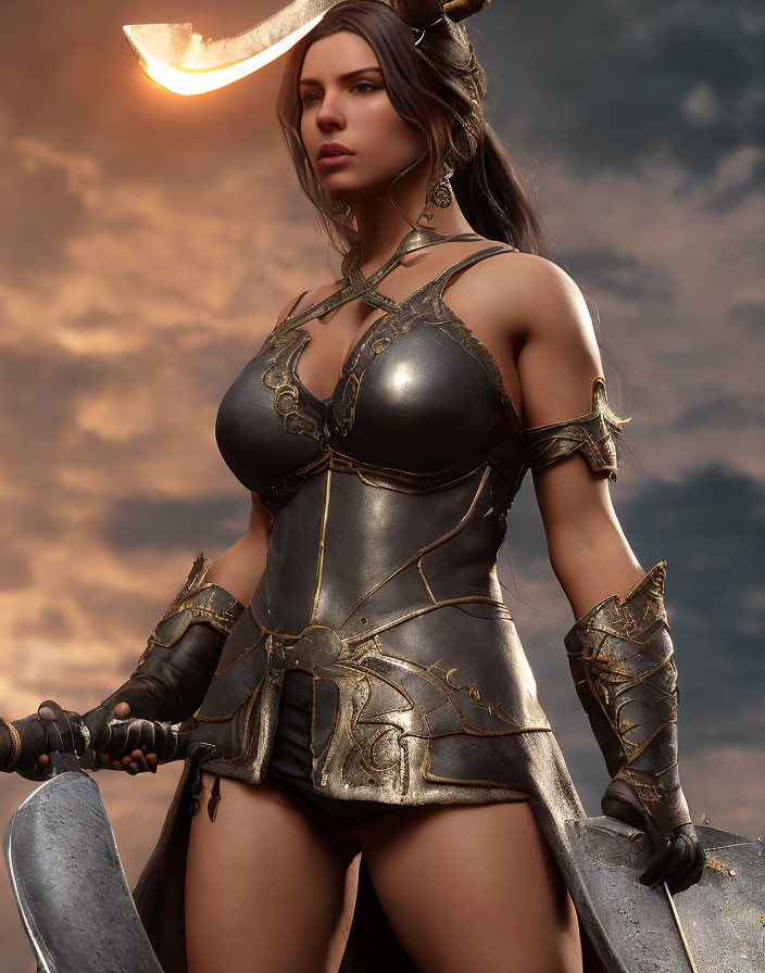 Female Warrior in Fantasy Armor with Sword Under Crescent Moon Sky