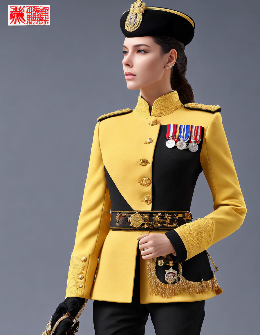 Ceremonial yellow military uniform with medals and peaked cap