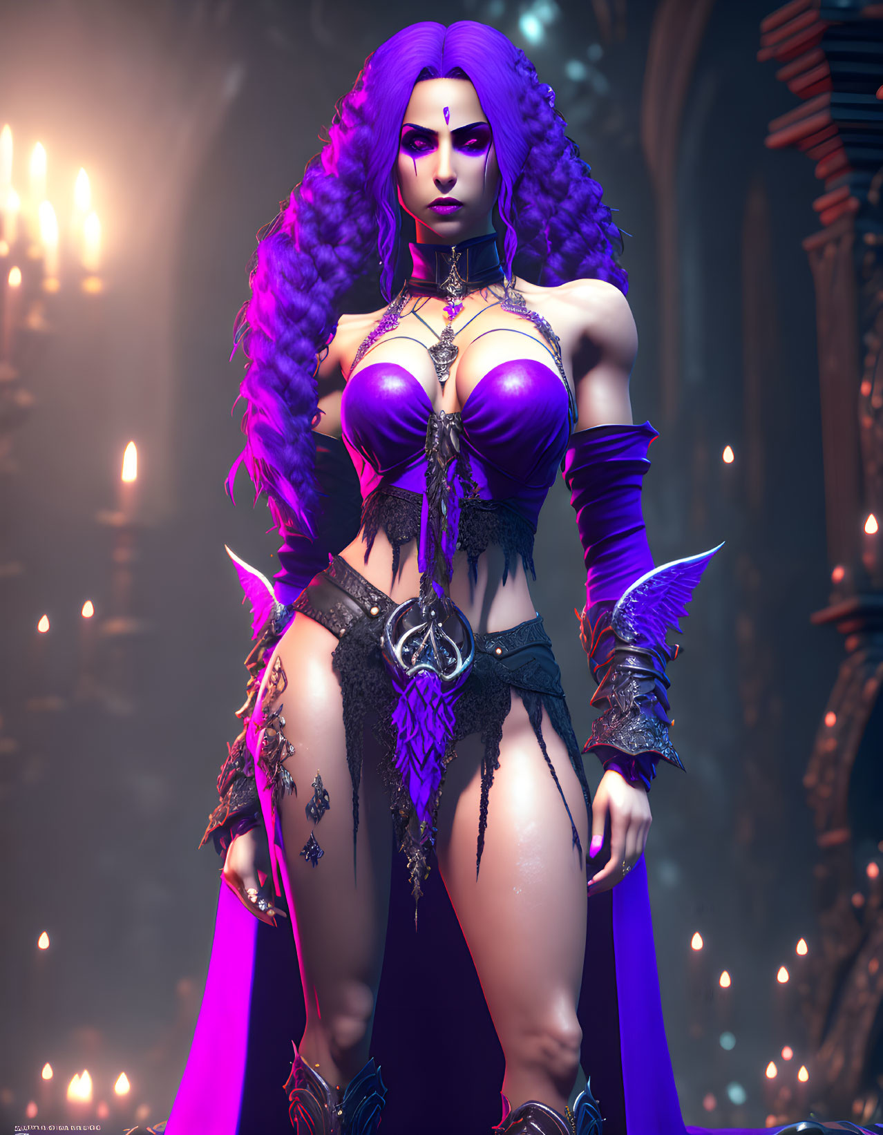 Fantasy 3D character in purple armor in gothic setting