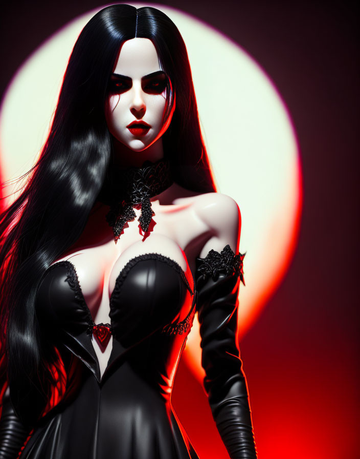 Stylized portrait of woman with black hair, pale skin, red lips, black outfit, red