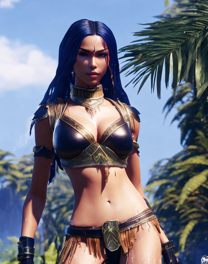 Female warrior in gold-trimmed bikini armor set with dark hair on tropical background