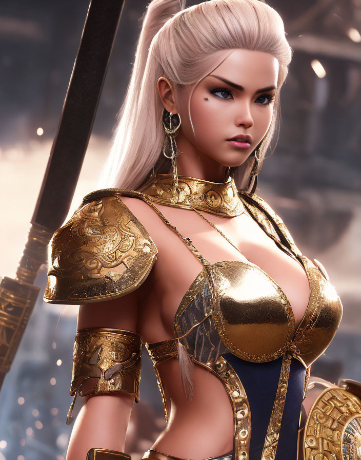 Female warrior digital artwork: white hair, golden armor, intricate designs, blue undergarment