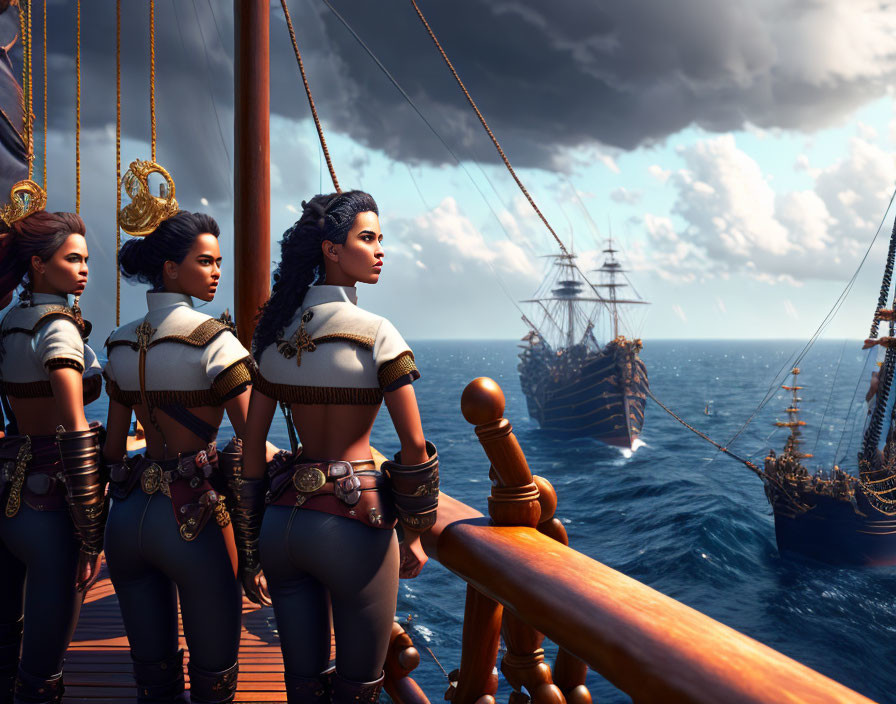 Three women in seafaring attire on a wooden ship deck gazing at a distant ship on the
