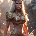 Golden fantasy armor woman with horns in misty forest at dusk
