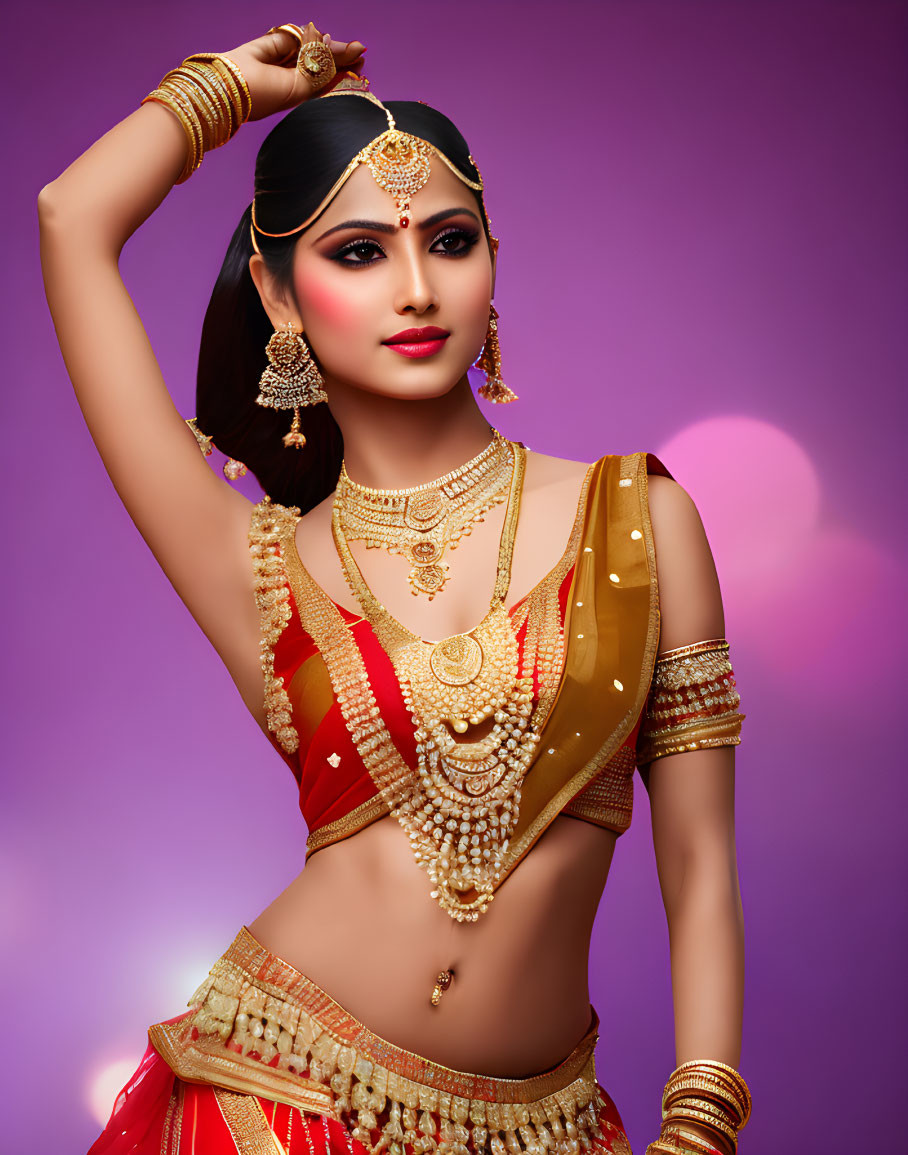 Traditional Indian Attire Woman with Gold Jewelry on Purple Background