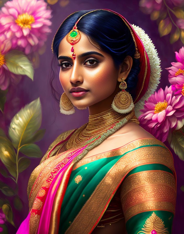 Traditional Indian Attire Portrait with Maang Tikka and Pink Flowers
