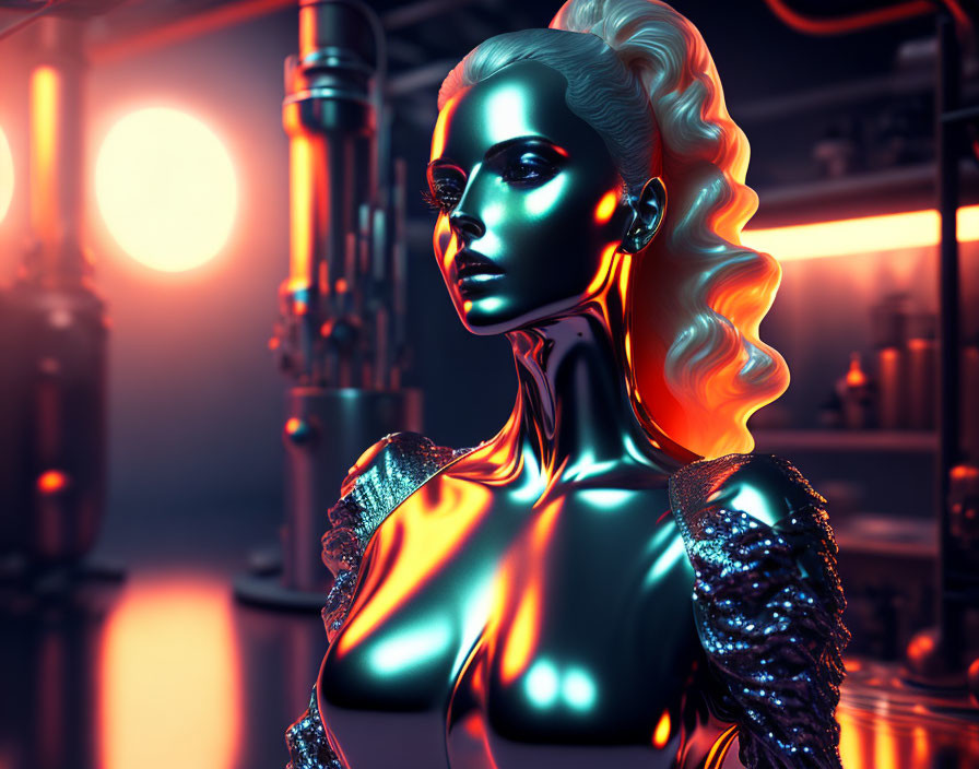 Glowing female robot in futuristic industrial setting