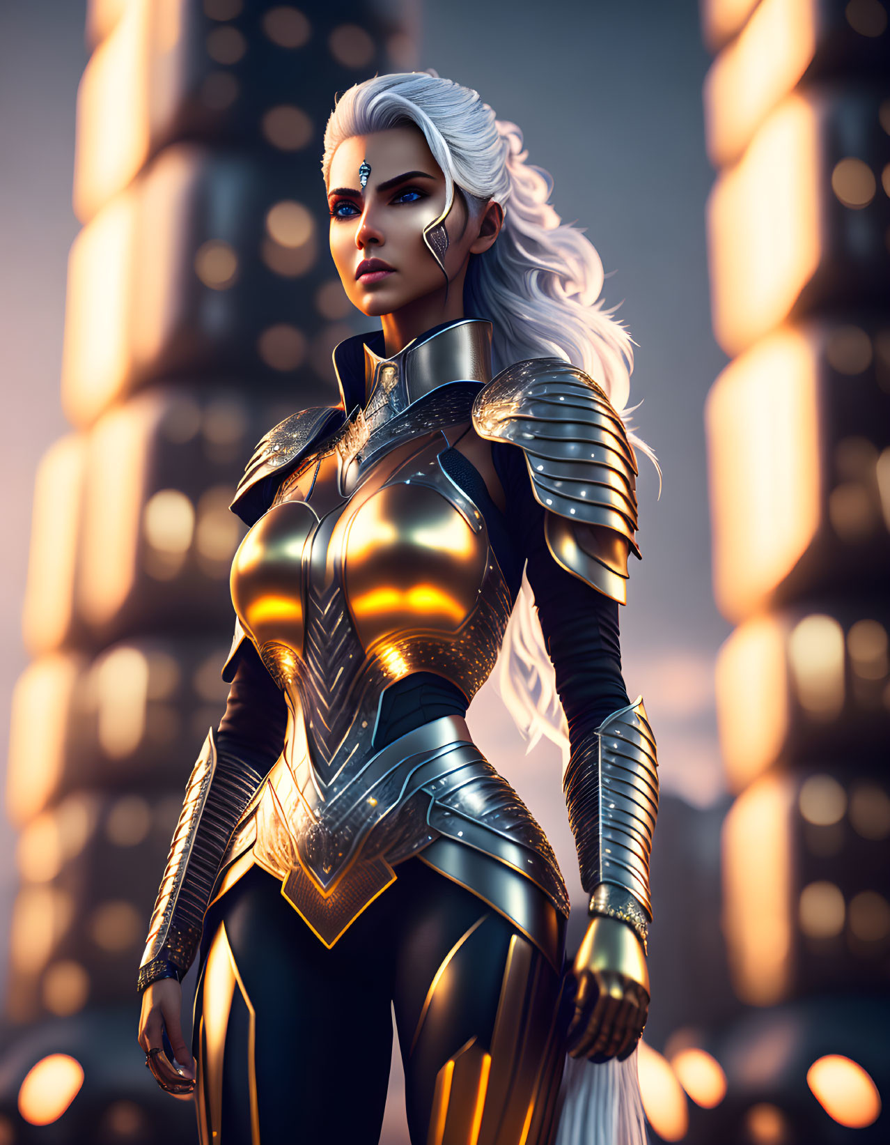 Female warrior in futuristic golden armor with white hair, standing in glowing cityscape