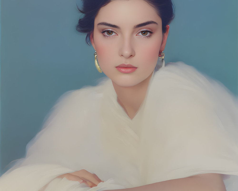 Portrait of Woman with Dark Hair in Updo, White Outfit, Gold Earrings, Calm