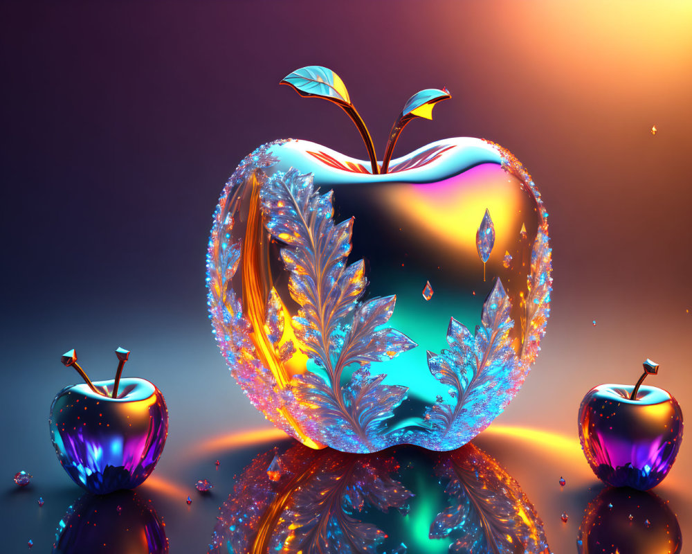 Luminescent crystal-like apples on purple and orange backdrop