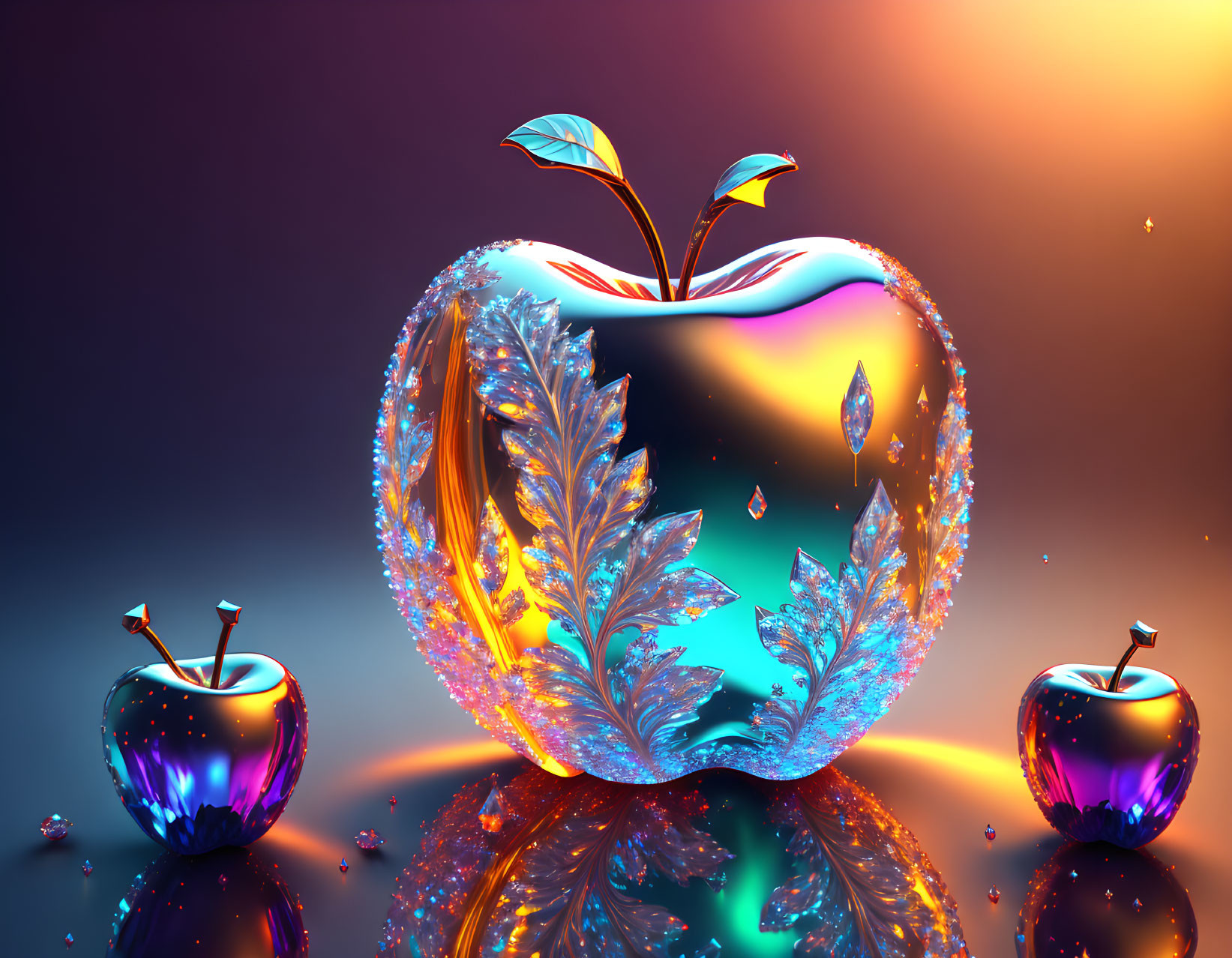 Luminescent crystal-like apples on purple and orange backdrop