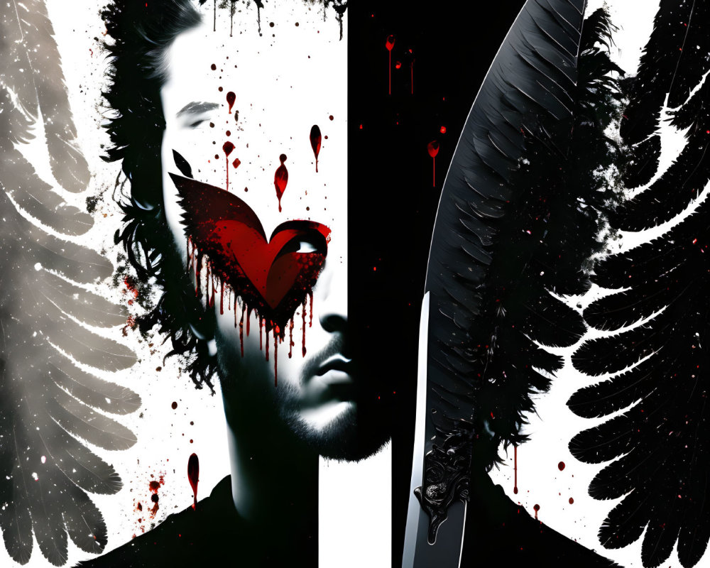Male figure with bleeding heart, wings, and transforming feather blade in stylized image