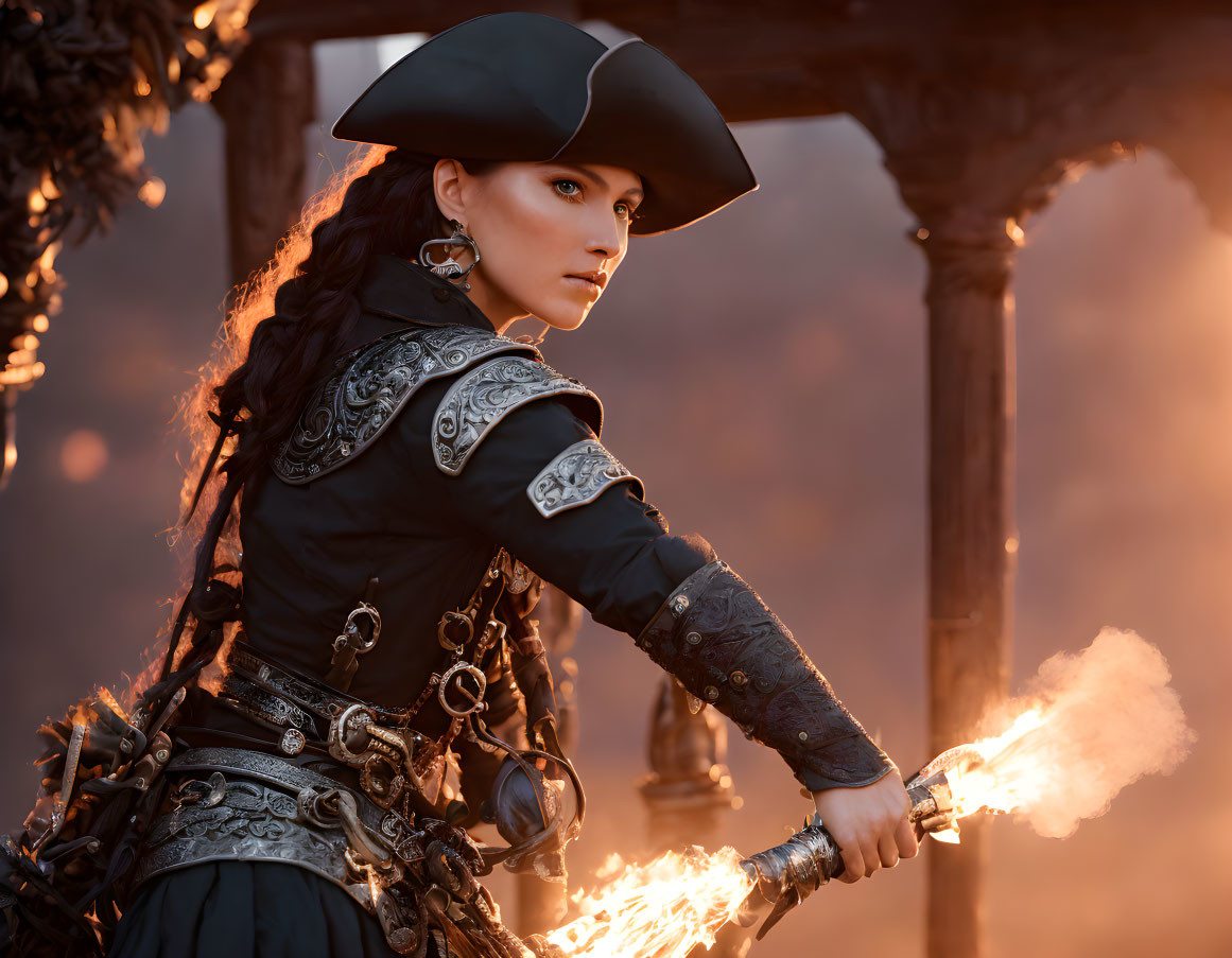 Pirate-themed woman with tricorne hat and flintlock pistol at sunset