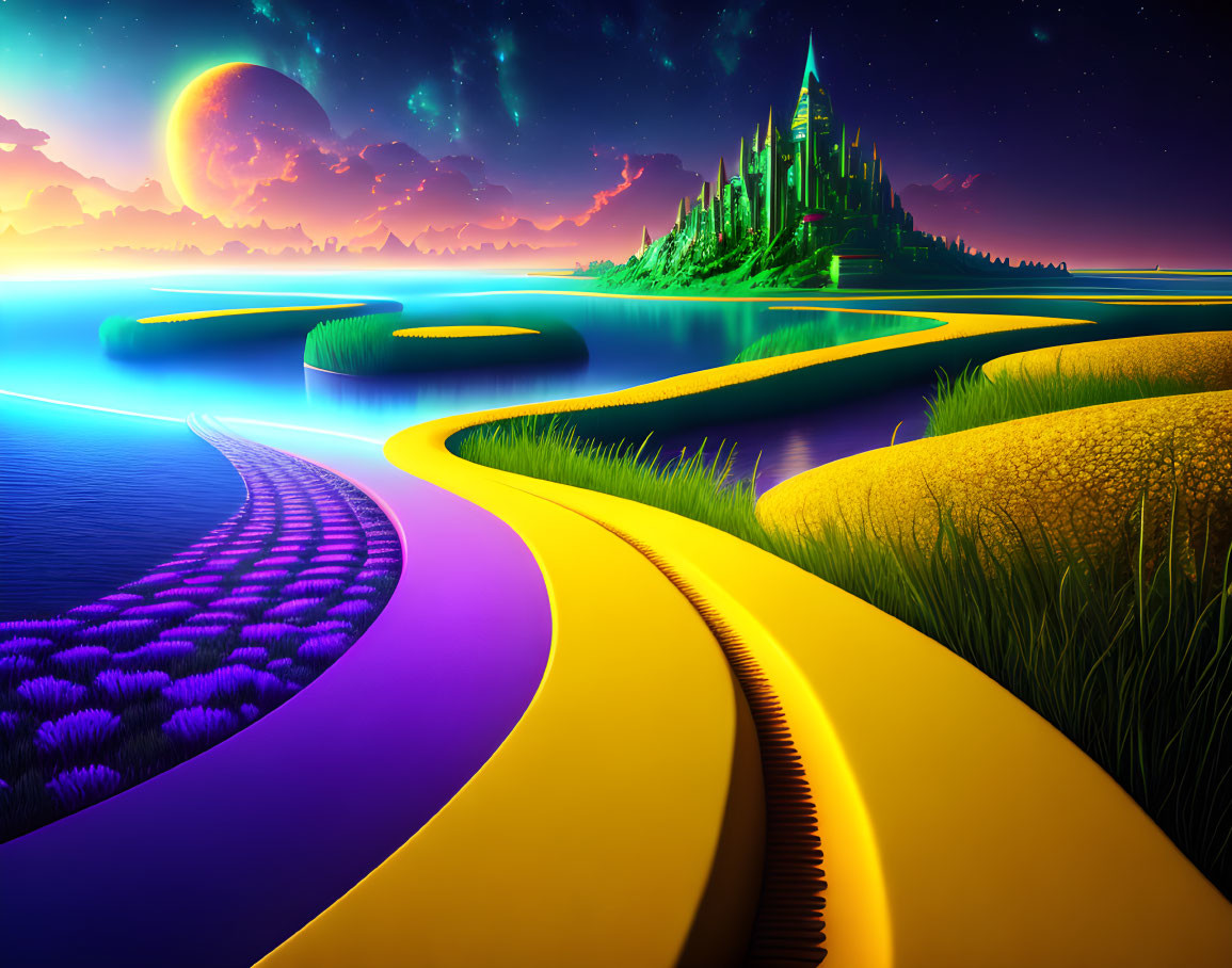 Colorful Fantasy Landscape with Yellow Road, Castle, and Floating Islands