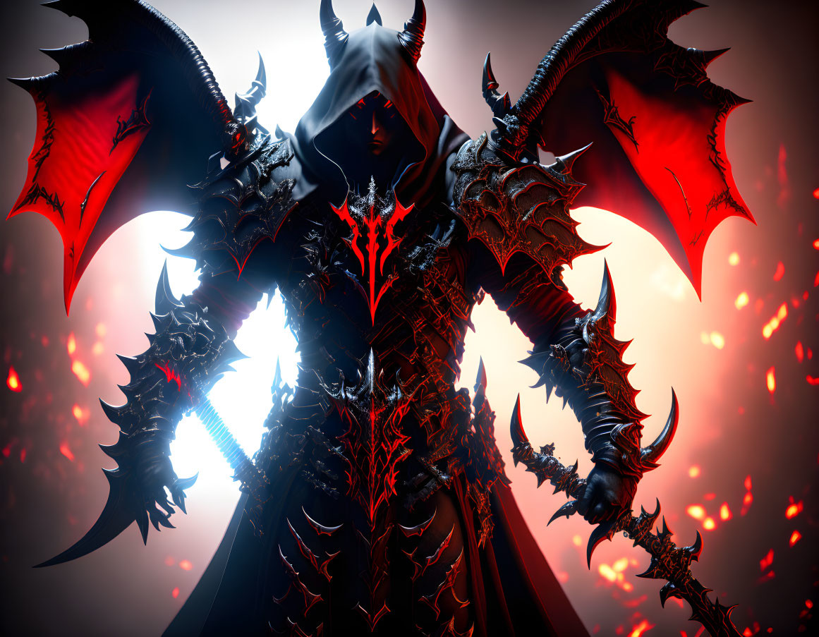 Dark figure in black and red armor with bat-like wings on fiery backdrop