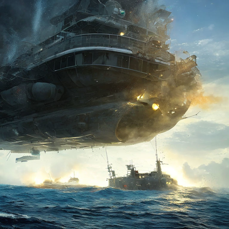Massive battleship in intense sea combat with explosions.