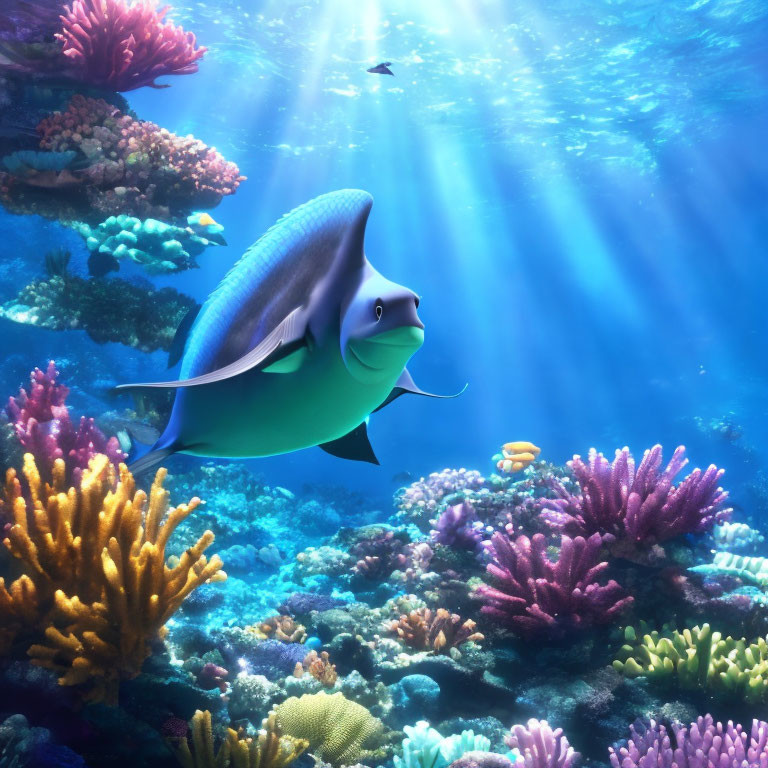 Colorful Fish and Coral Reefs in Sunlit Underwater Scene