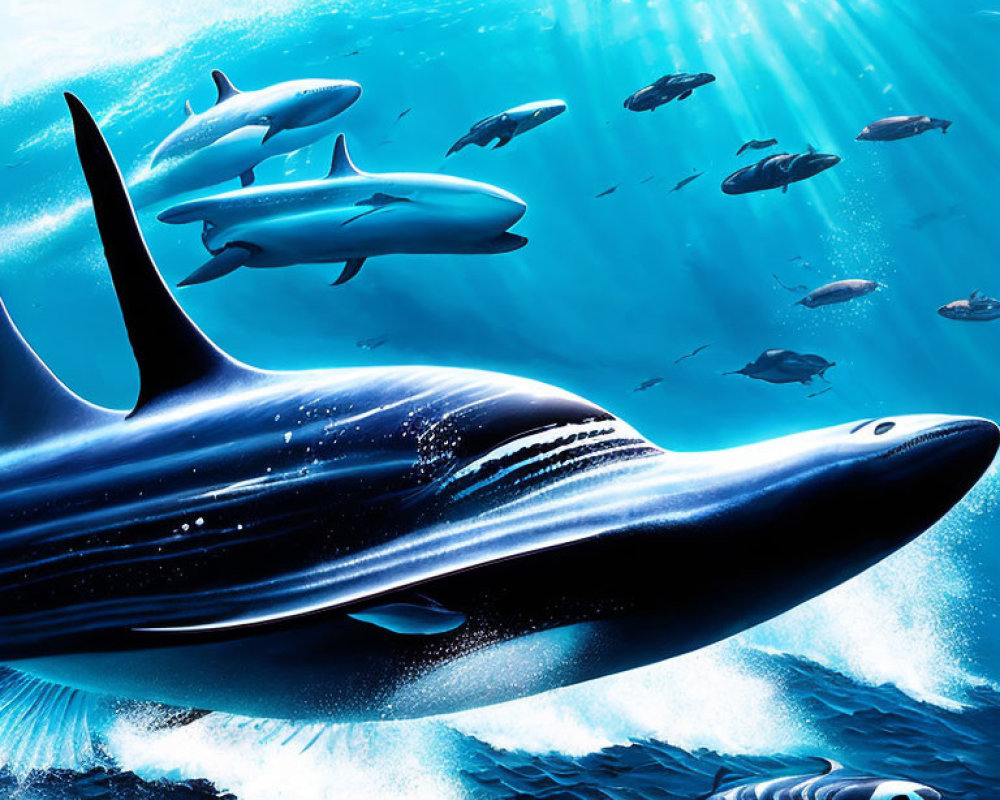 Futuristic oversized whales swim with small fish in deep blue ocean