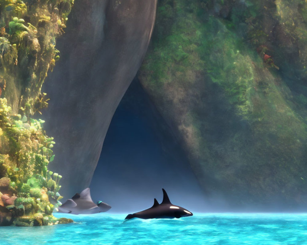 Orca swimming near sunlit sea cave and turquoise water