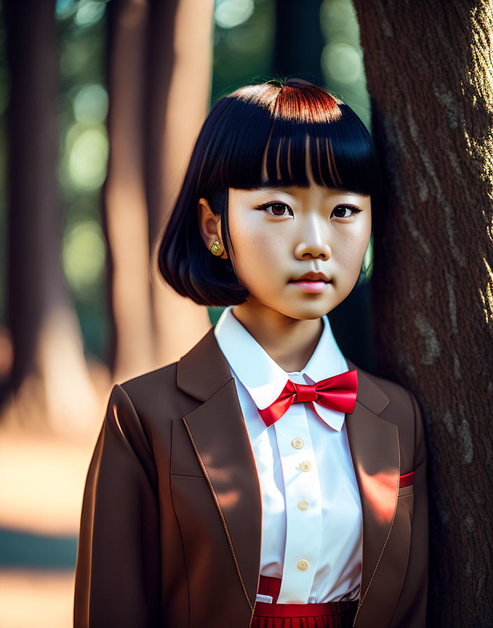 Young girl with rainbow-dyed hair fringe in brown jacket, white shirt, and red bow tie
