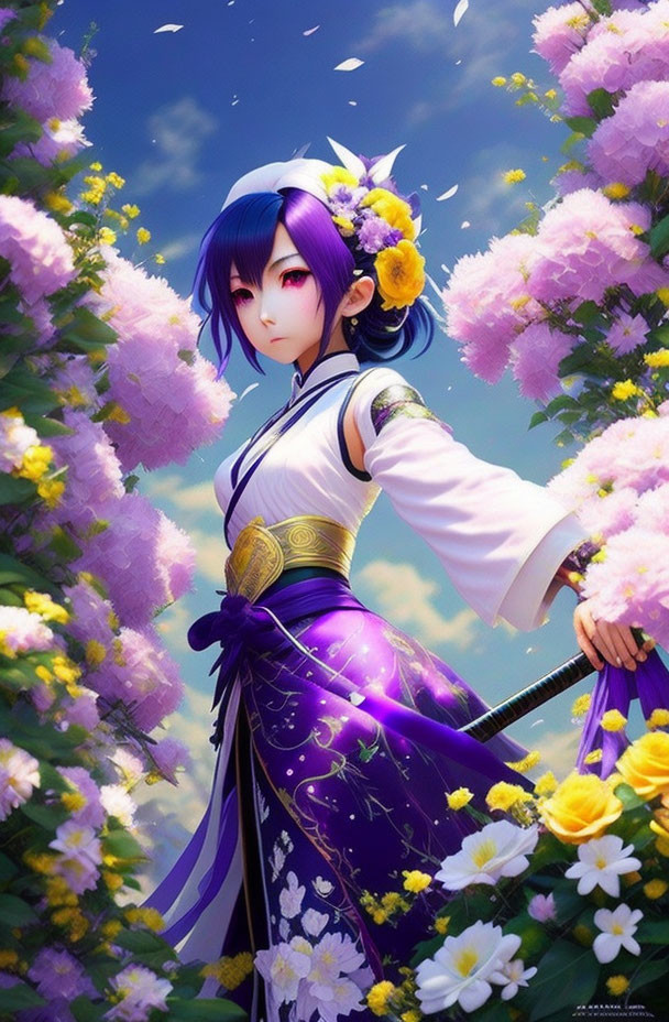Animated character with purple hair and floral adornments in traditional outfit among vibrant flowers on blue sky.
