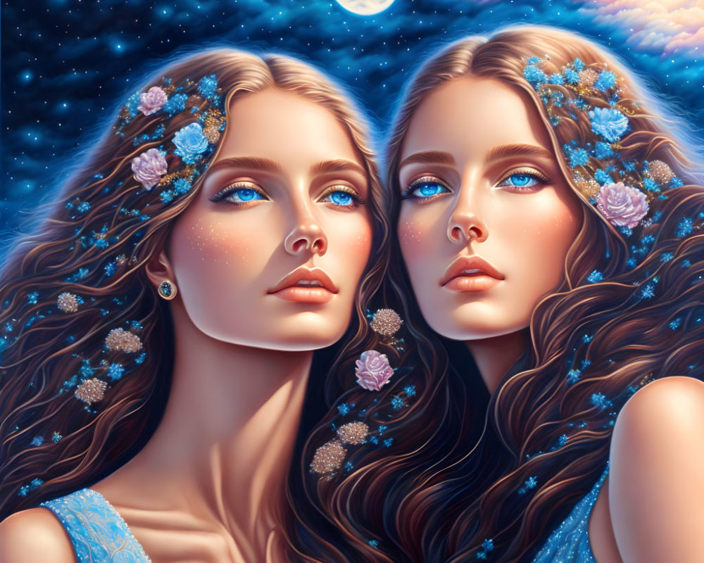 Two women with cosmic hair and flower adornments under a full moon
