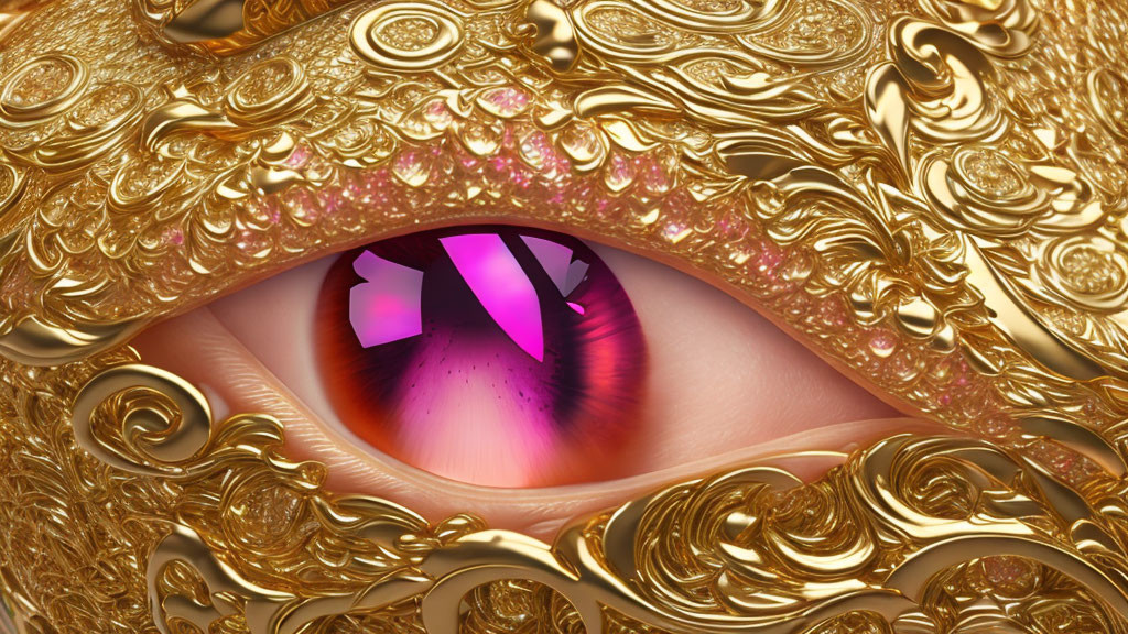 Elaborately decorated golden mask with intricate patterns and glowing purple iris