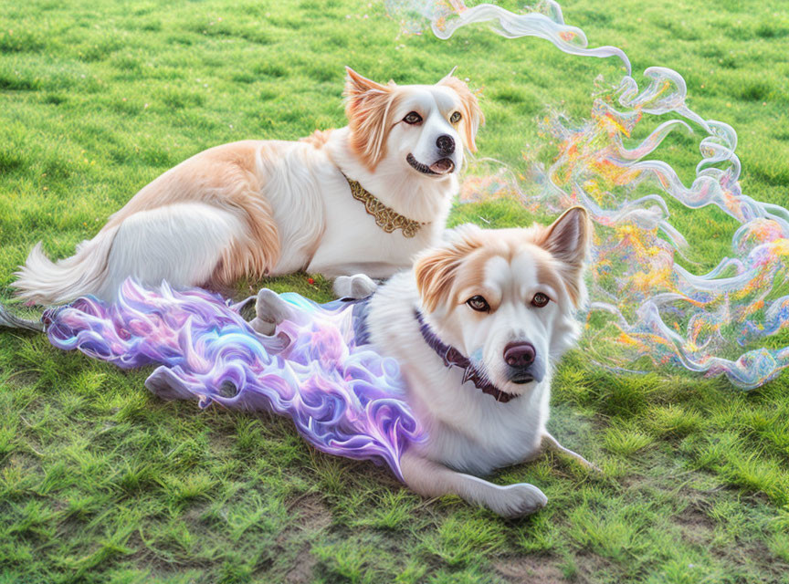 Two dogs on grass with whimsical smoke trails from collars