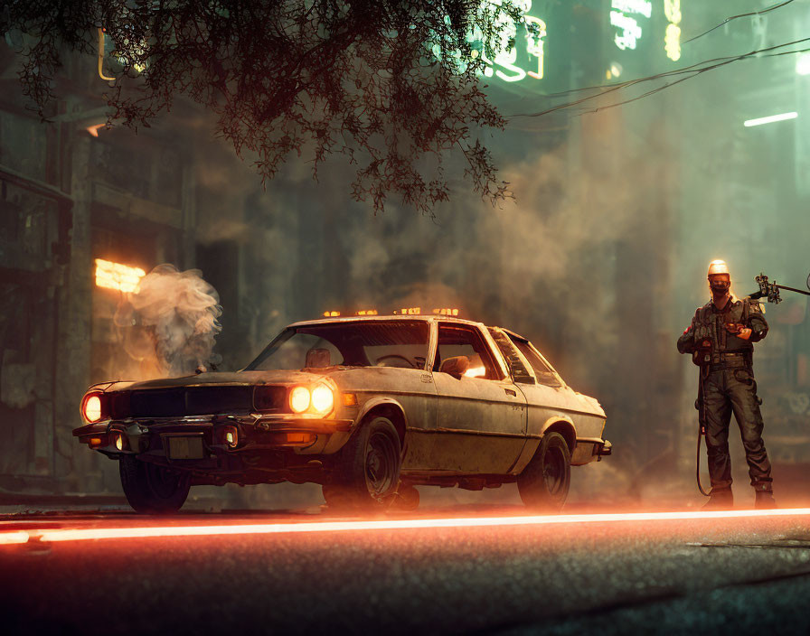 Vintage taxi with open hood emitting smoke, man holding gun under neon signs