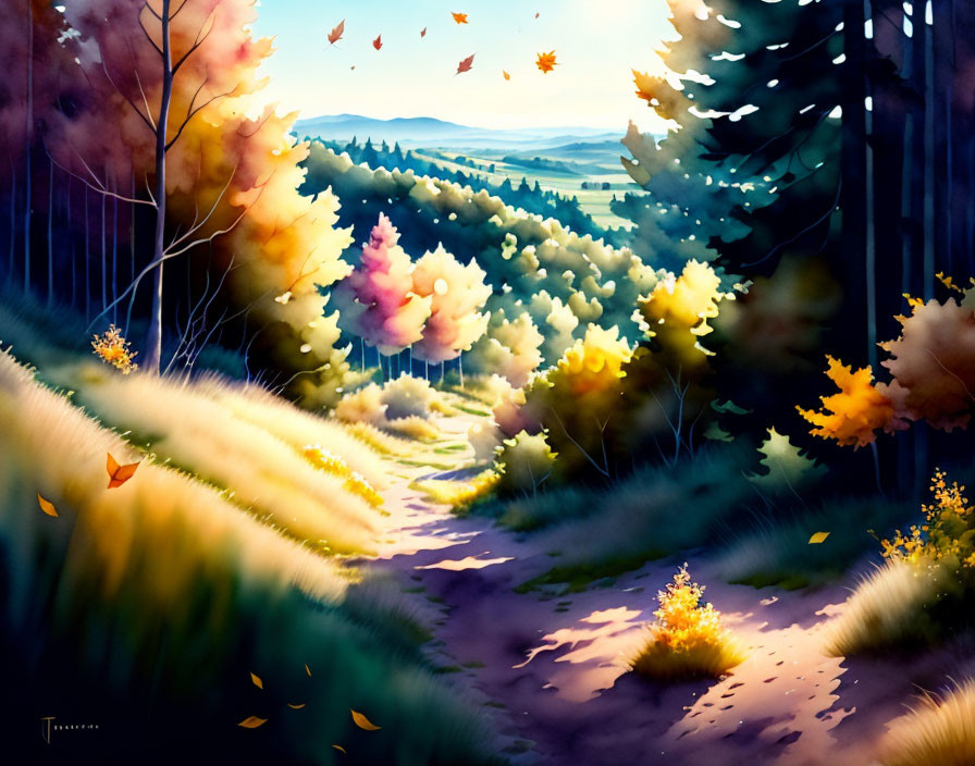 Colorful Autumn Forest Landscape with Dirt Path and Distant Hills