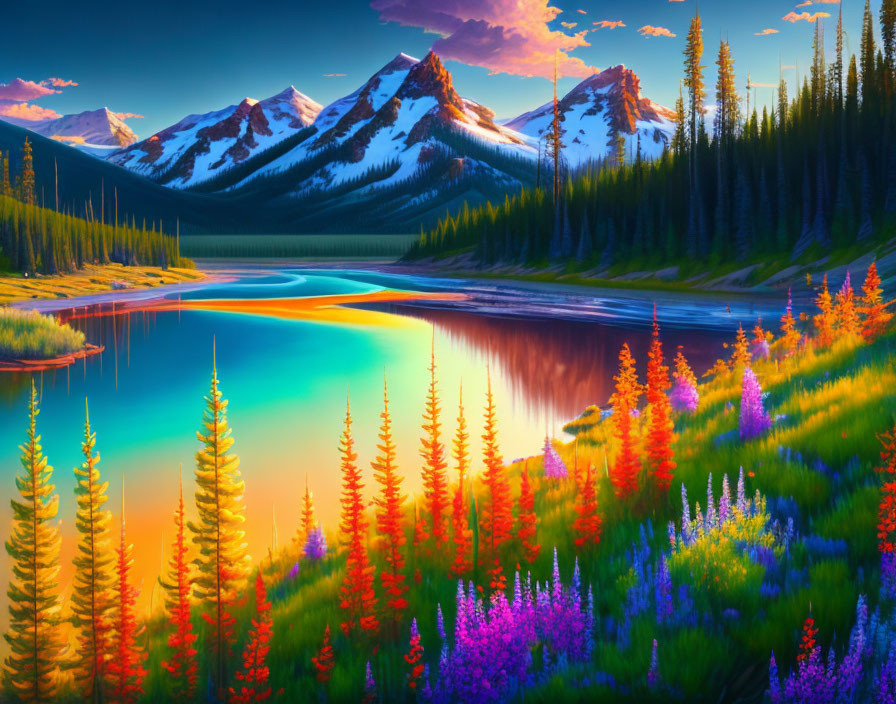 Scenic landscape with river, pine trees, wildflowers, and mountains at sunset