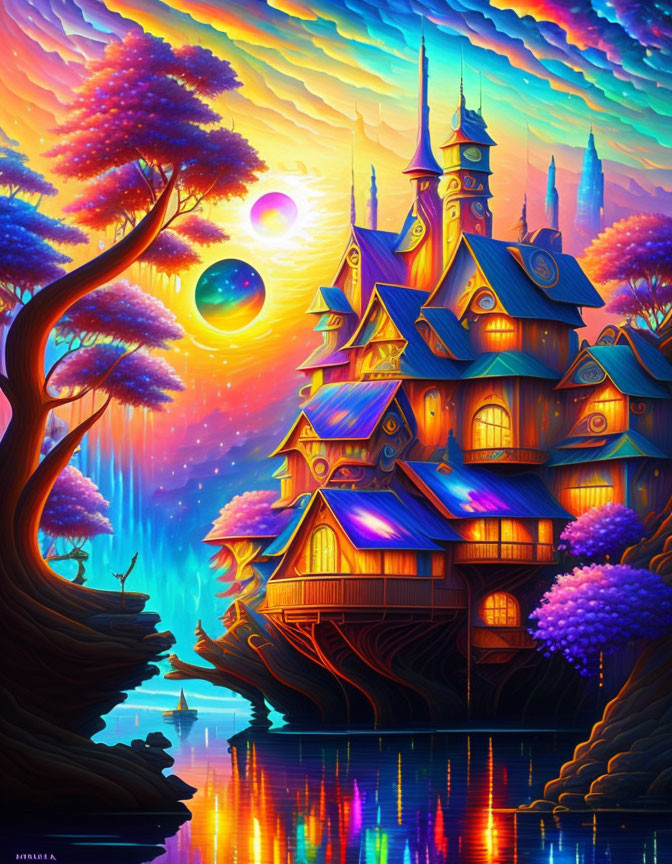 Vibrant castle by lake under colorful sky with two moons, surrounded by purple trees and blue foliage