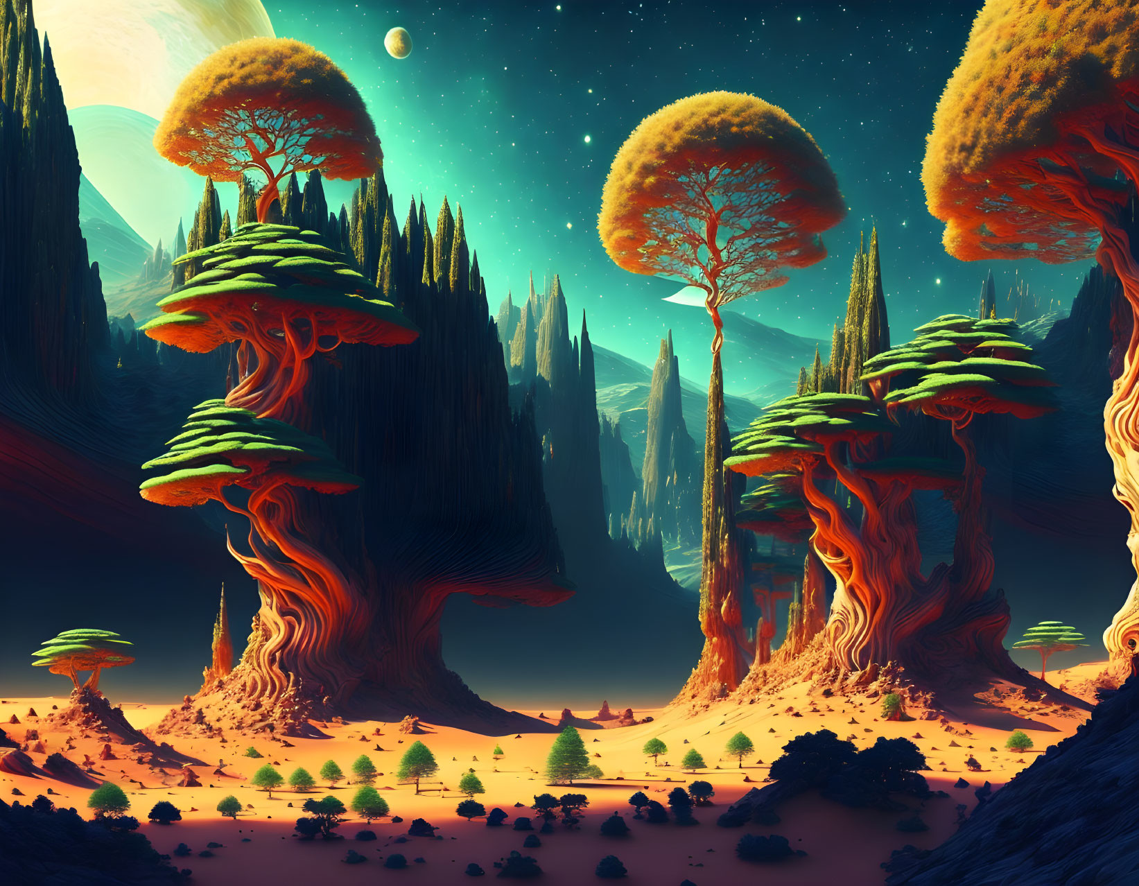Fantasy landscape with towering mushroom trees, multiple moons, vibrant sky, and orange terrain