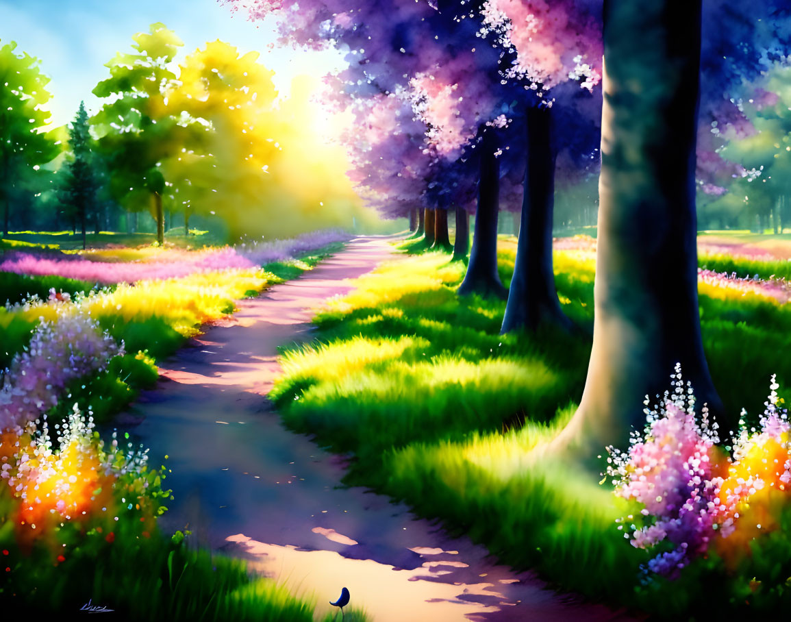 Colorful Painting: Lush Park Pathway with Blooming Flowers