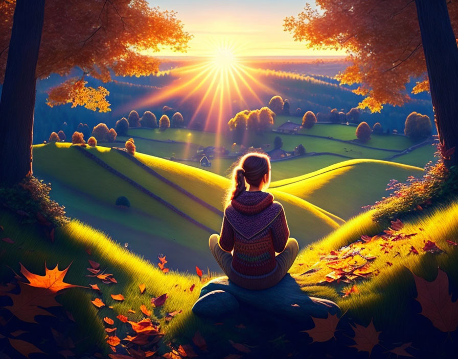 Person sitting on rock watches radiant sunset over rolling hills with autumn leaves scattered, creating serene scene.