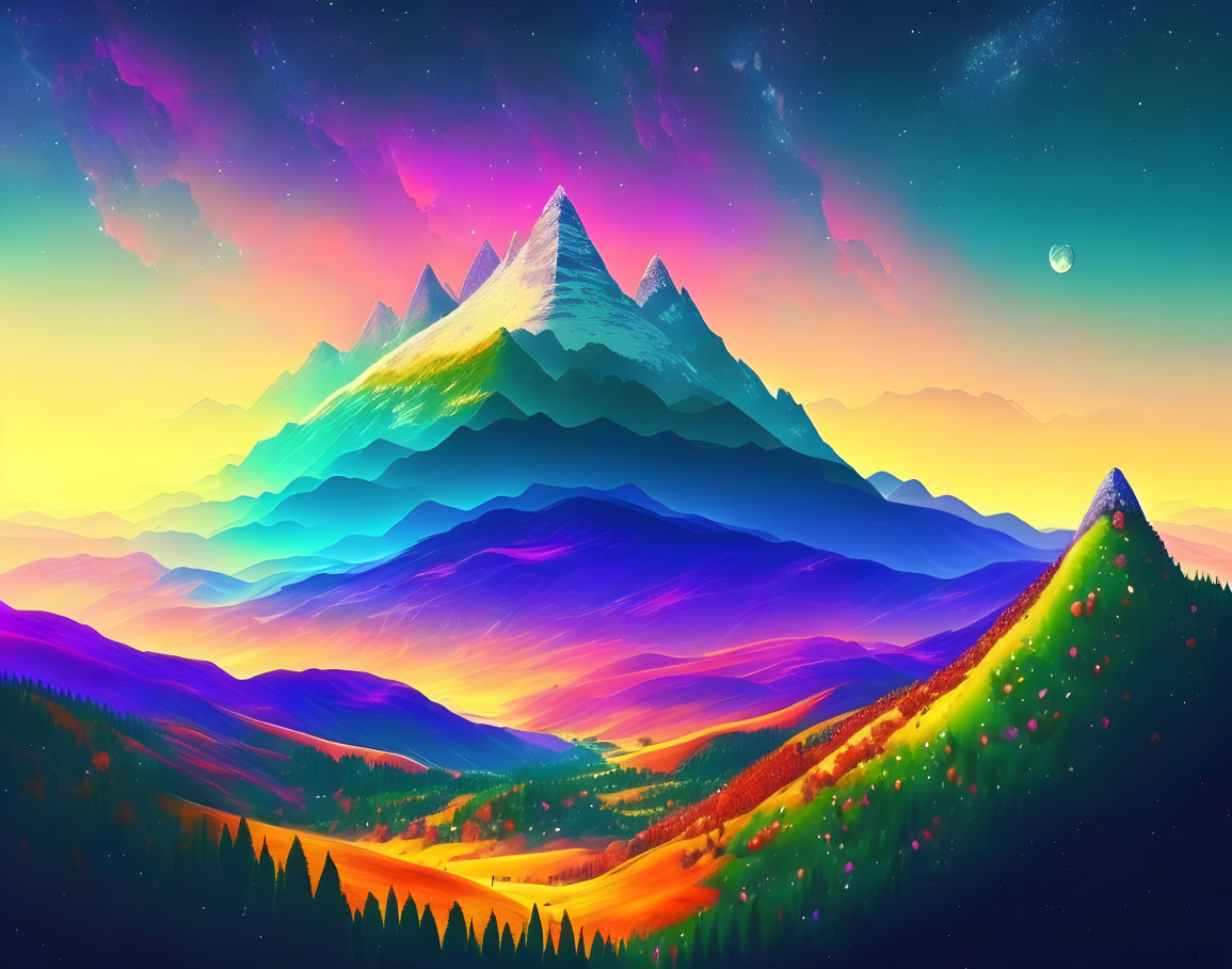 Colorful Mountain Landscape Art with Starry Sky & Crescent Moon