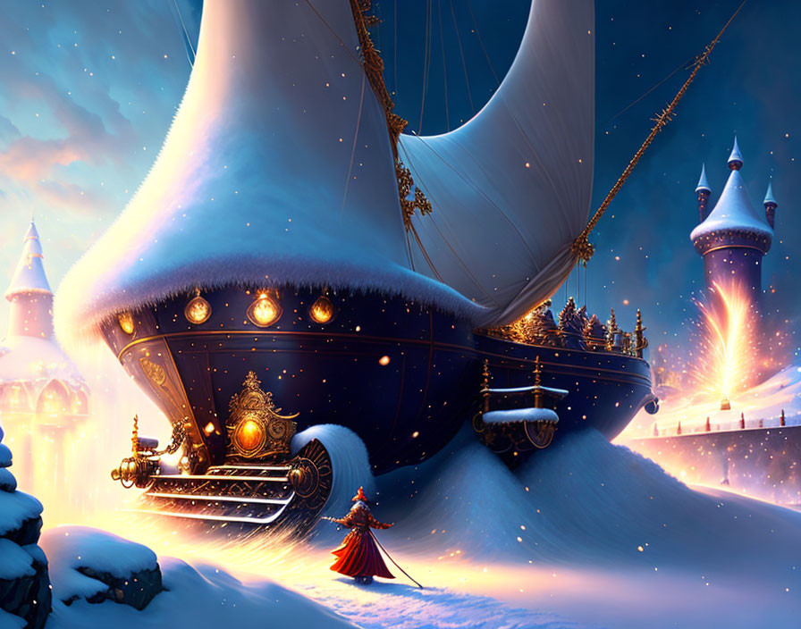 Golden-embellished ship sailing in snowy night with glowing tower and figure at bow