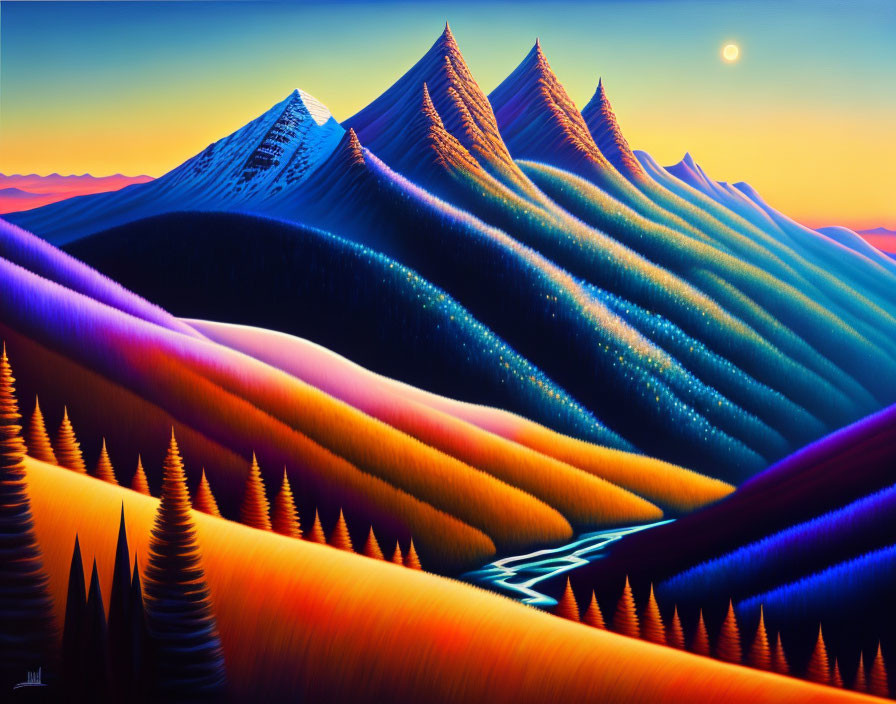Colorful Mountain Ridge Painting with Sunset Sky and River