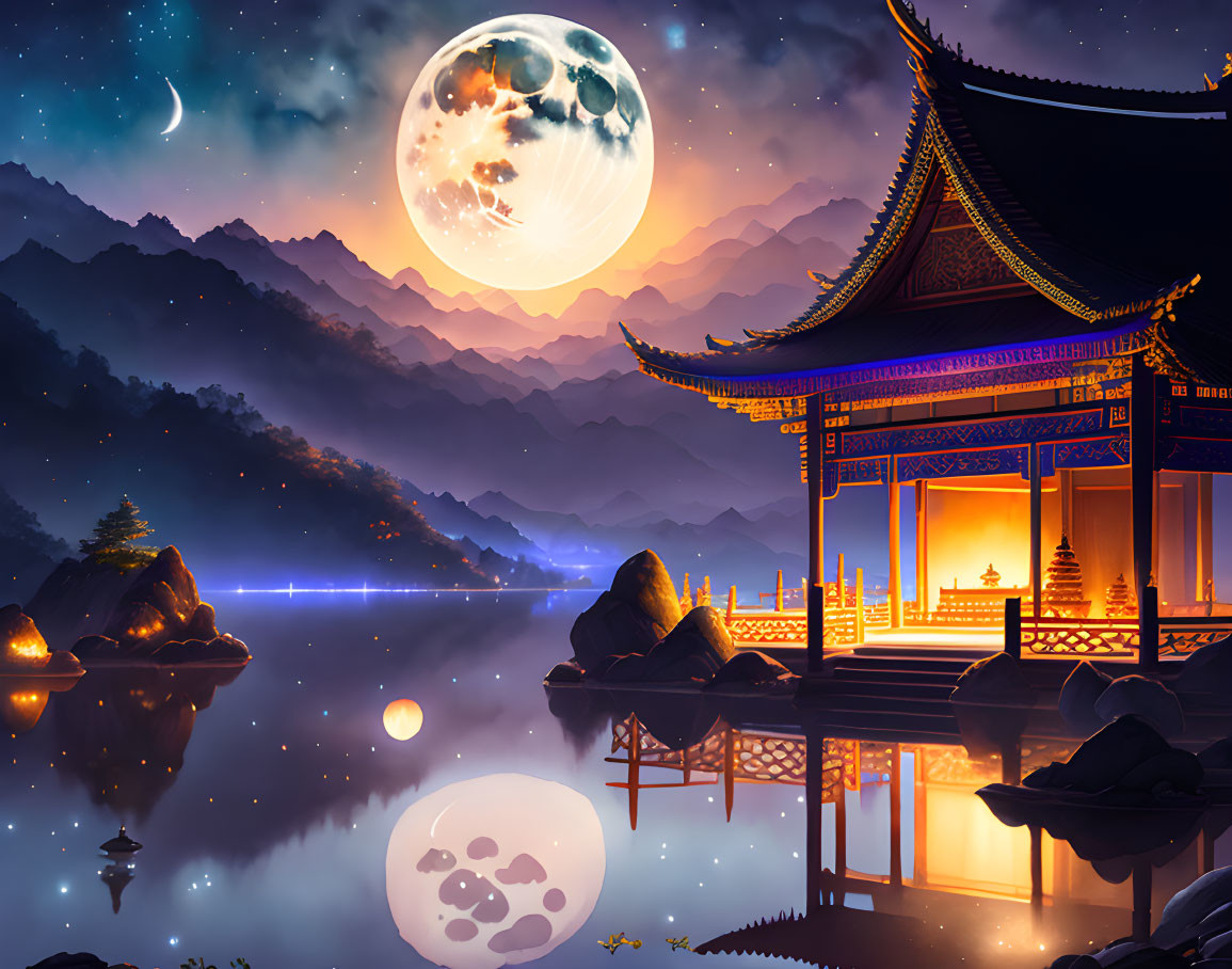 Traditional Pavilion Overlooking Lake at Night with Moonlit Mountain Sky