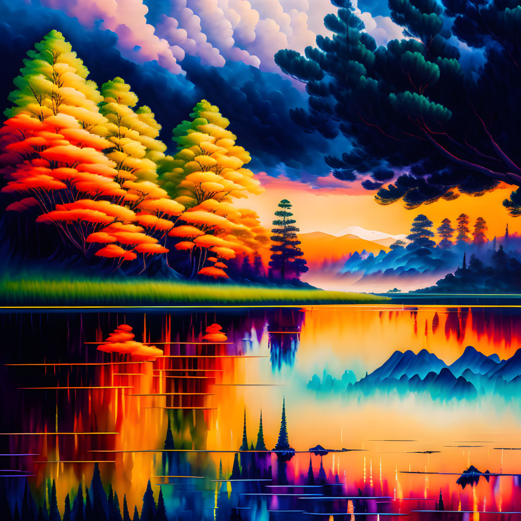 Colorful trees and serene lake in vibrant digital landscape art