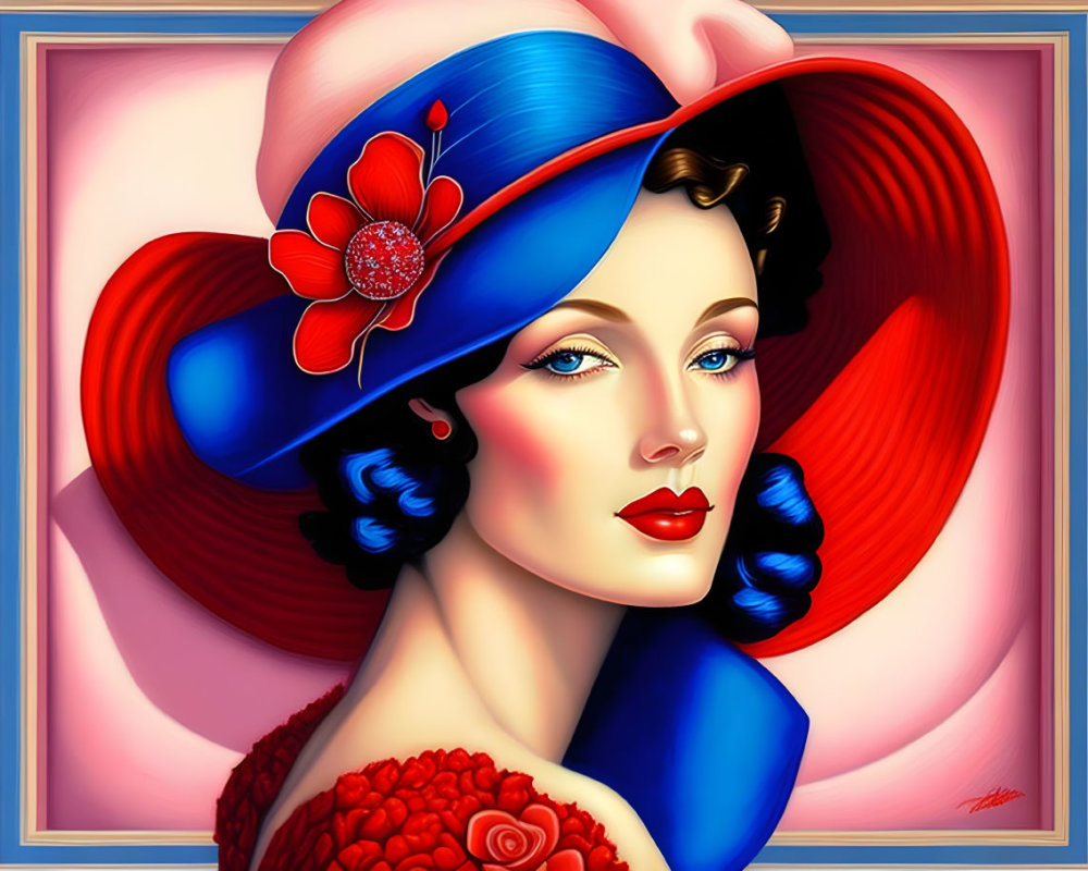 Stylized digital portrait of a woman with blue eyes in red hat and accessories