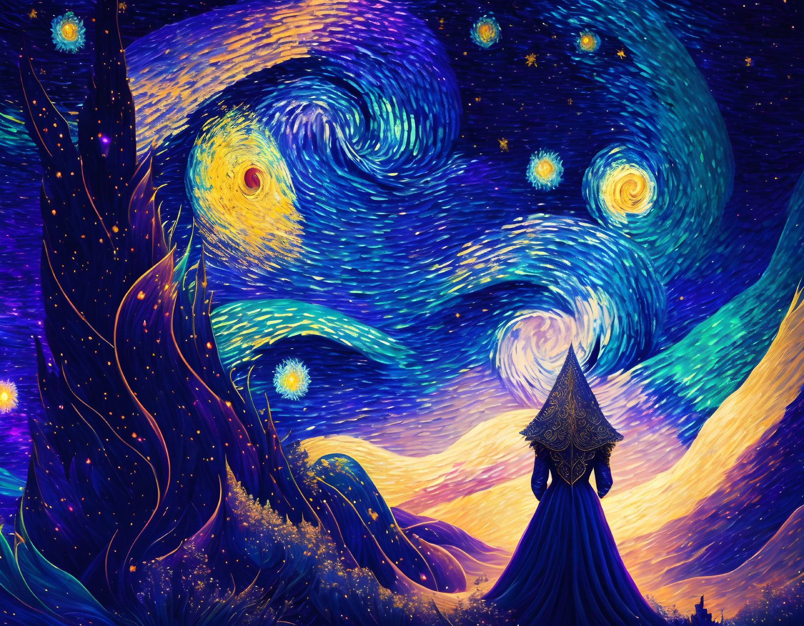 Digital artwork: Swirling celestial patterns with figure in cloak, vibrant blues, yellows, oranges