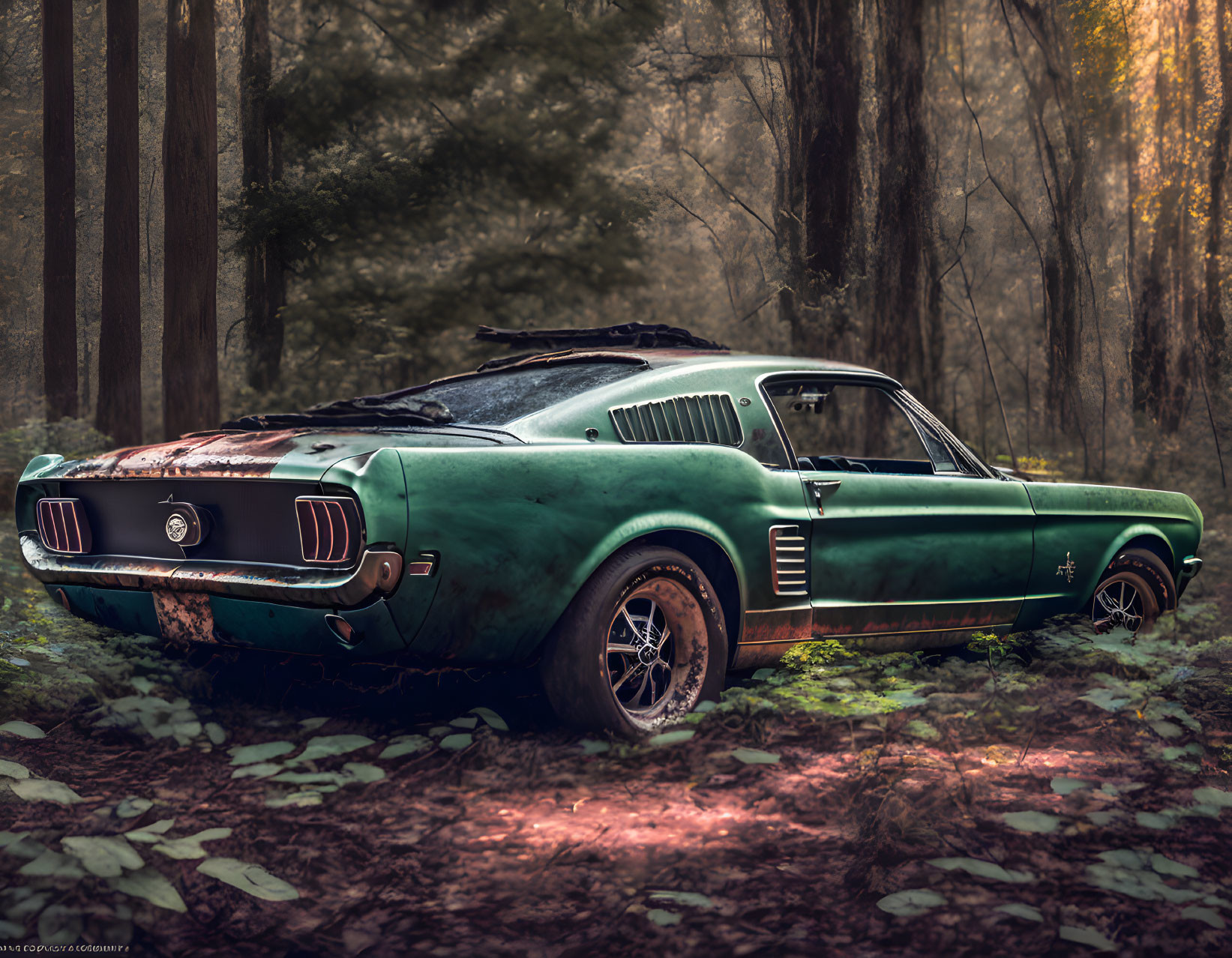 Classic Green Mustang Parked in Forest with Sunlight Filtering Through Trees