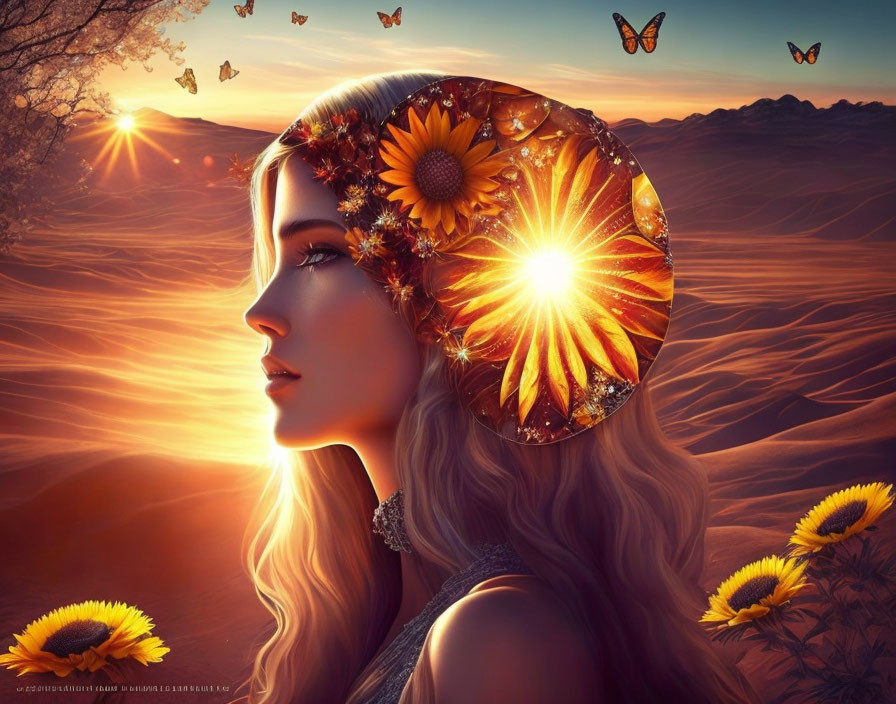 Digital artwork featuring woman with sunflowers in hair, sunlight, butterflies, and desert backdrop