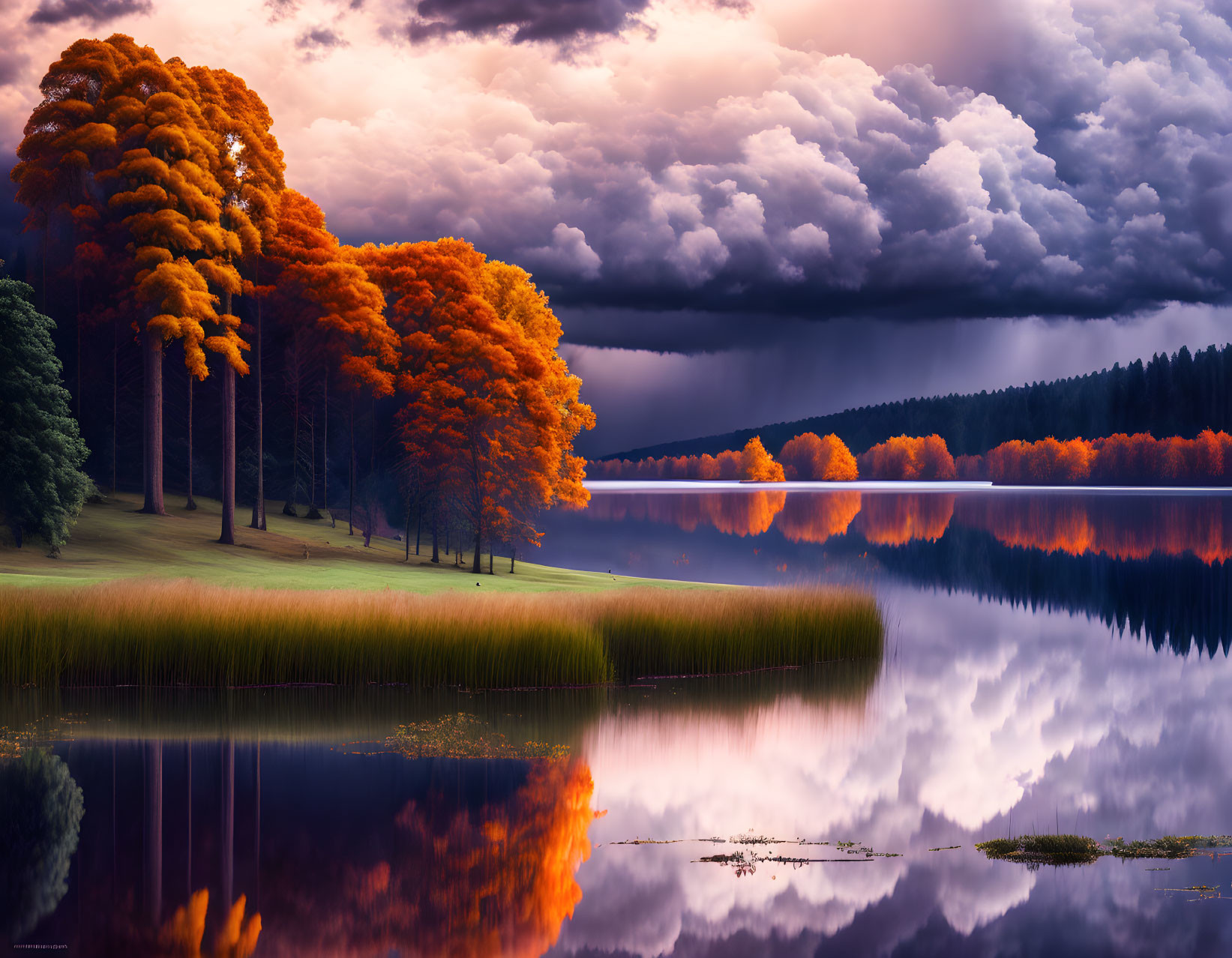 Tranquil lake with orange trees under dramatic sky