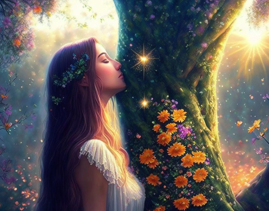 Woman with floral crown in enchanted forest with glowing lights.