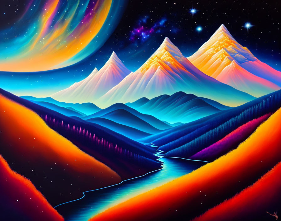 Colorful Surreal Landscape with Glowing Hills, River, and Mountains