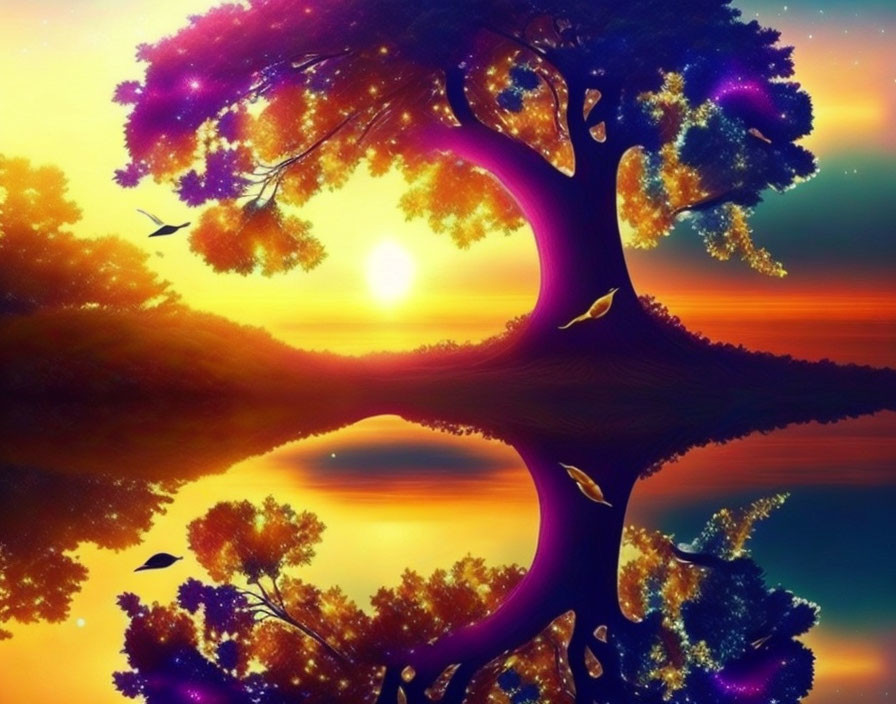 Vibrant tree with purple hues under golden sky and flying birds