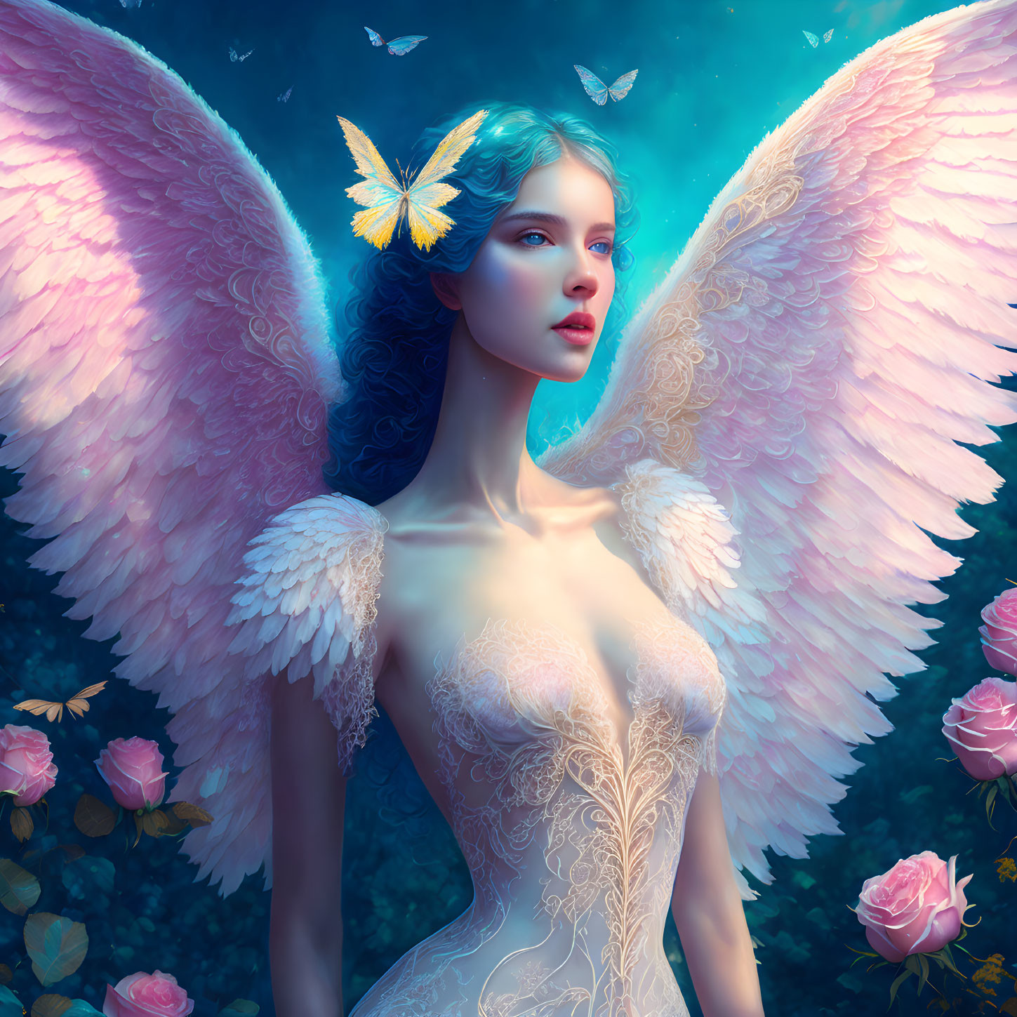 Fantasy illustration of woman with pink wings, roses, and butterflies on blue backdrop